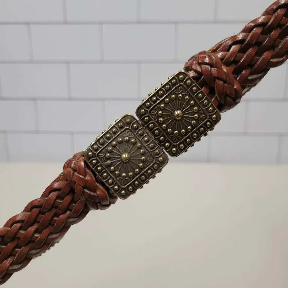 DKNY Brown Braided Leather Belt Gold Tone Buckle Women's Boho Casual Y2K